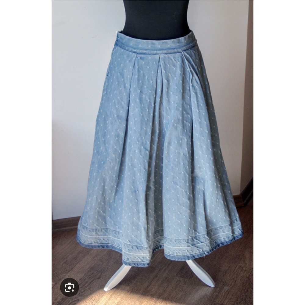Vtg United Colors Benetton‎ Jeans Denim Pleat Midi Skirt Light Wash Blue Sz 6 US